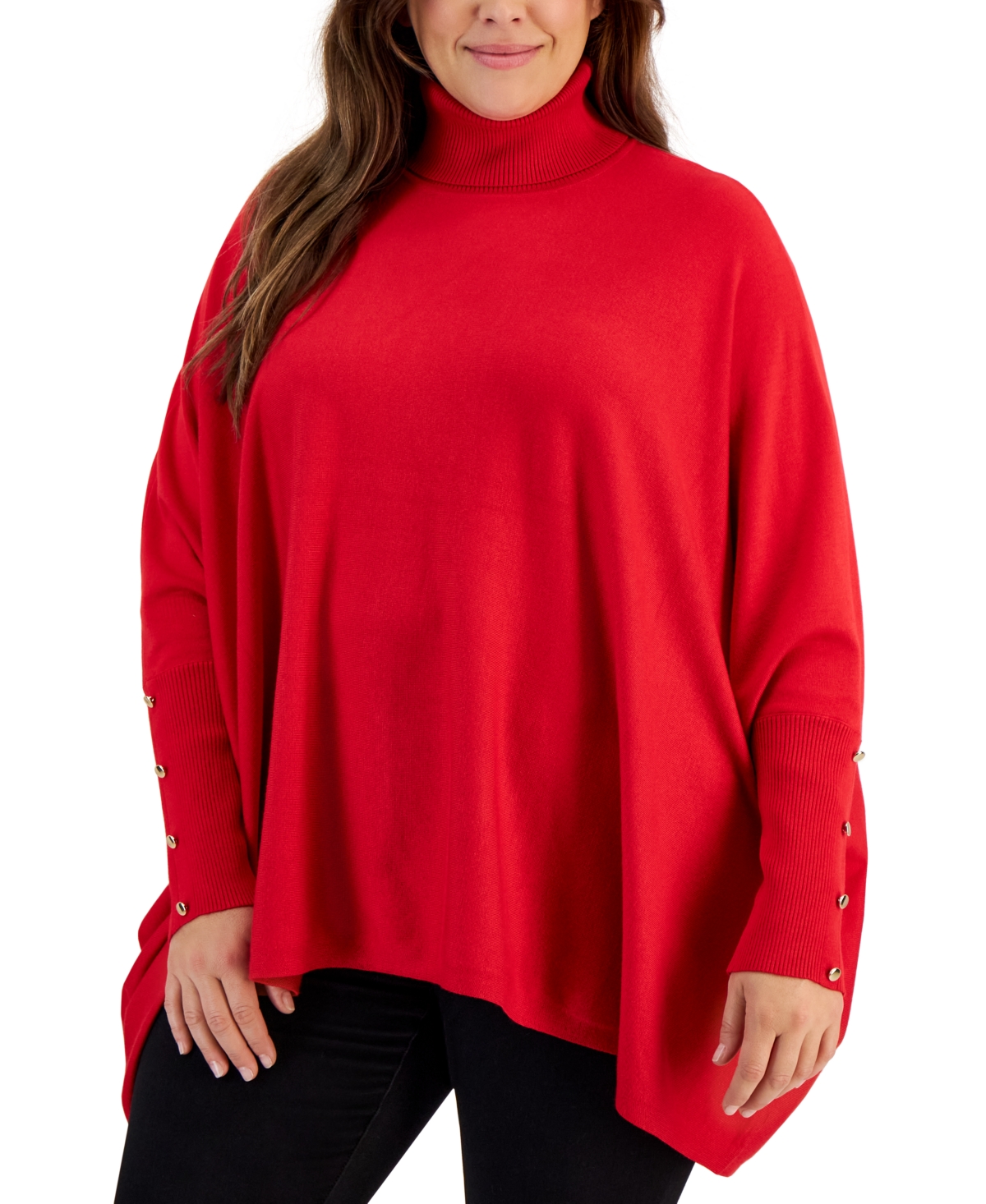 Jm Collection Plus Size Solid Turtleneck Poncho Sweater, Macy's Exclusive - Real Red