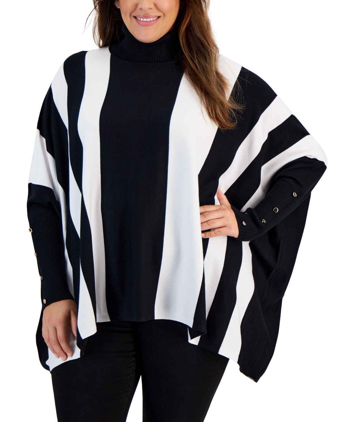 Jm Collection Plus Size Striped Turtleneck Poncho Sweater, Created For Macy's In Deep Black Combo