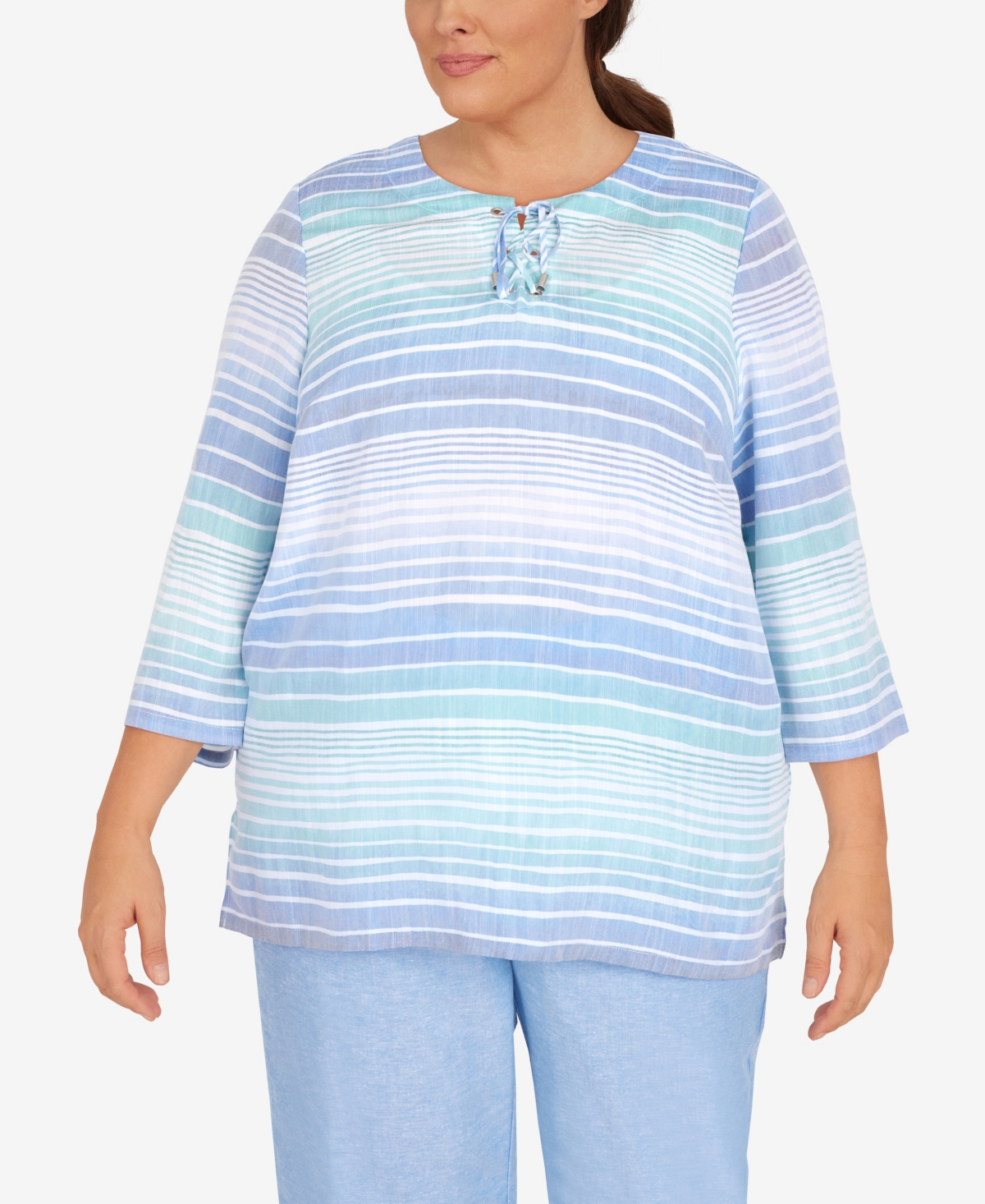 Alfred Dunner Plus Size Set Sail Lace Up Stripe Top