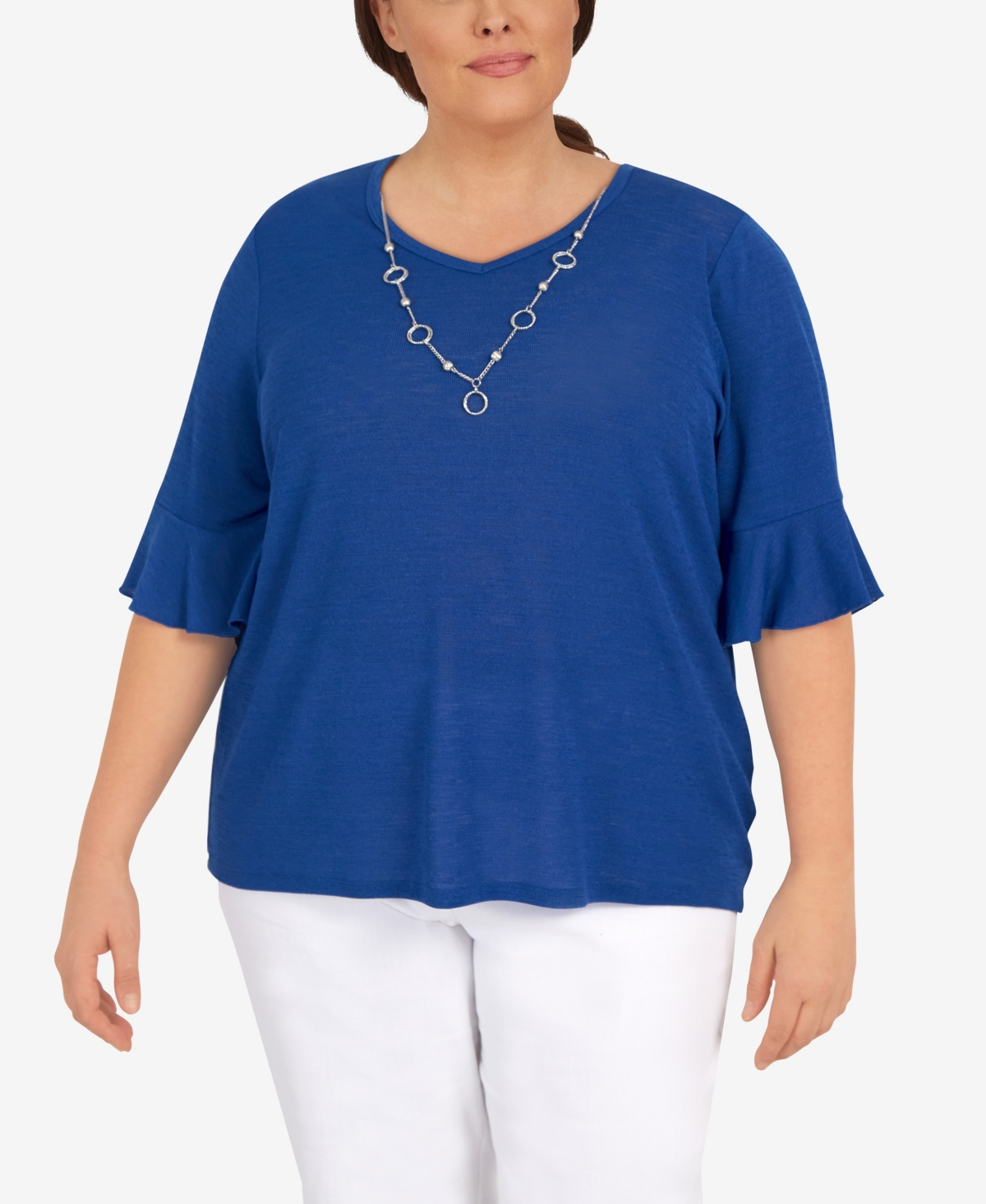 Alfred Dunner Plus Size Cool Vibrations Soft Fit Three Quarter Sleeve Top with Detachable Necklace
