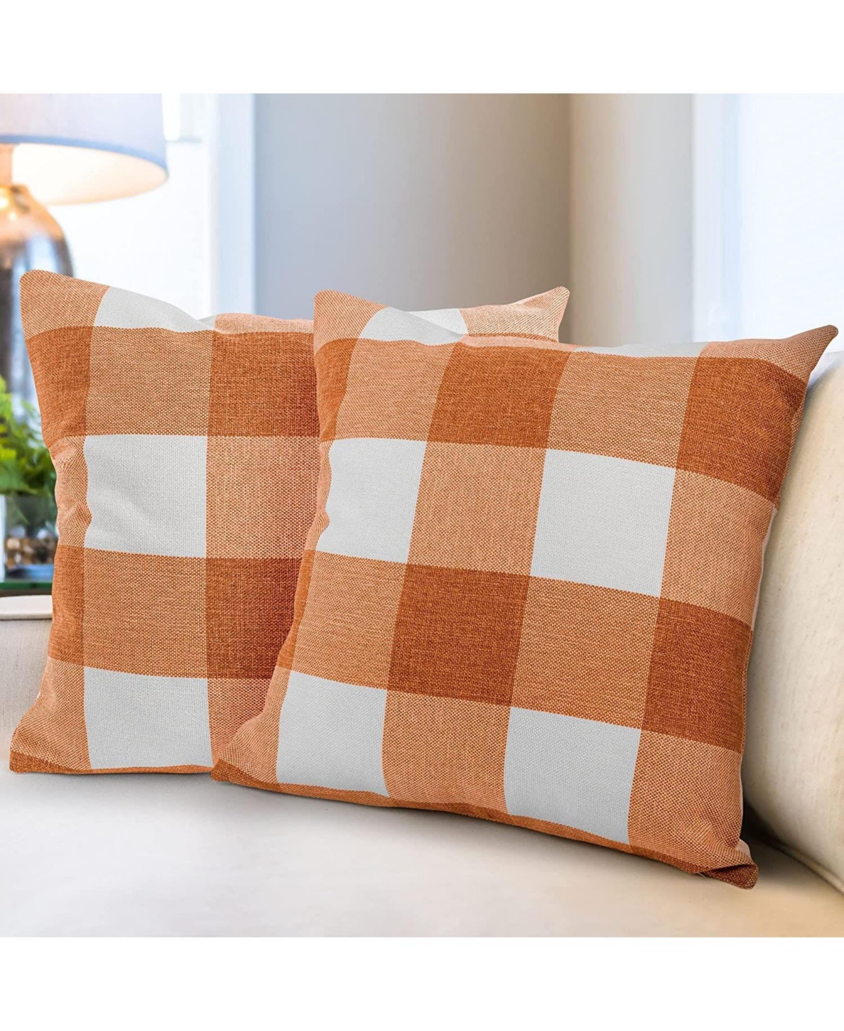 Zulay Kitchen 2 Pack Buffalo Plaid Throw Pillow Outdoor & Indoor Covers 20x20 - Orange and white