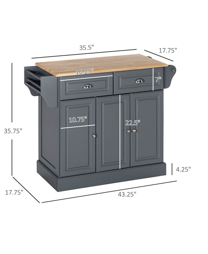 Kitchen Island with Storage, Rolling Kitchen Serving Cart with Rubber Wood Top, Towel