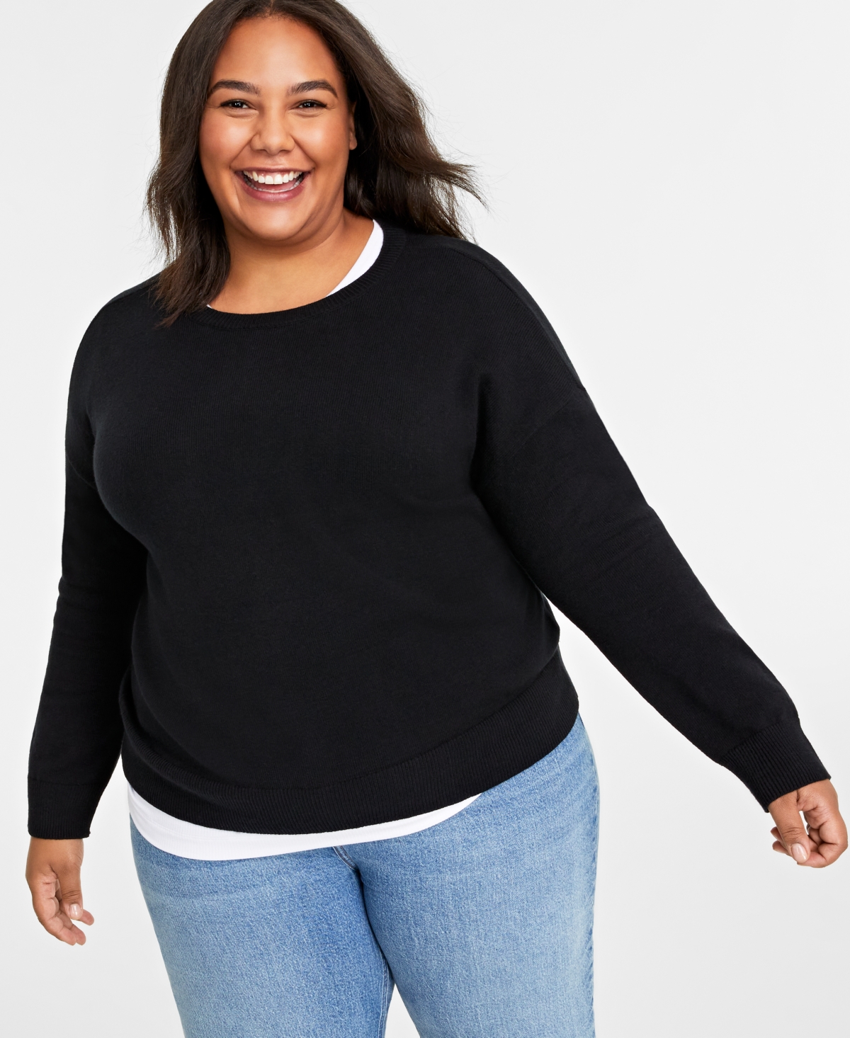 On 34th Plus Size Crewneck Sweater, Created For Macy's In Deep Black