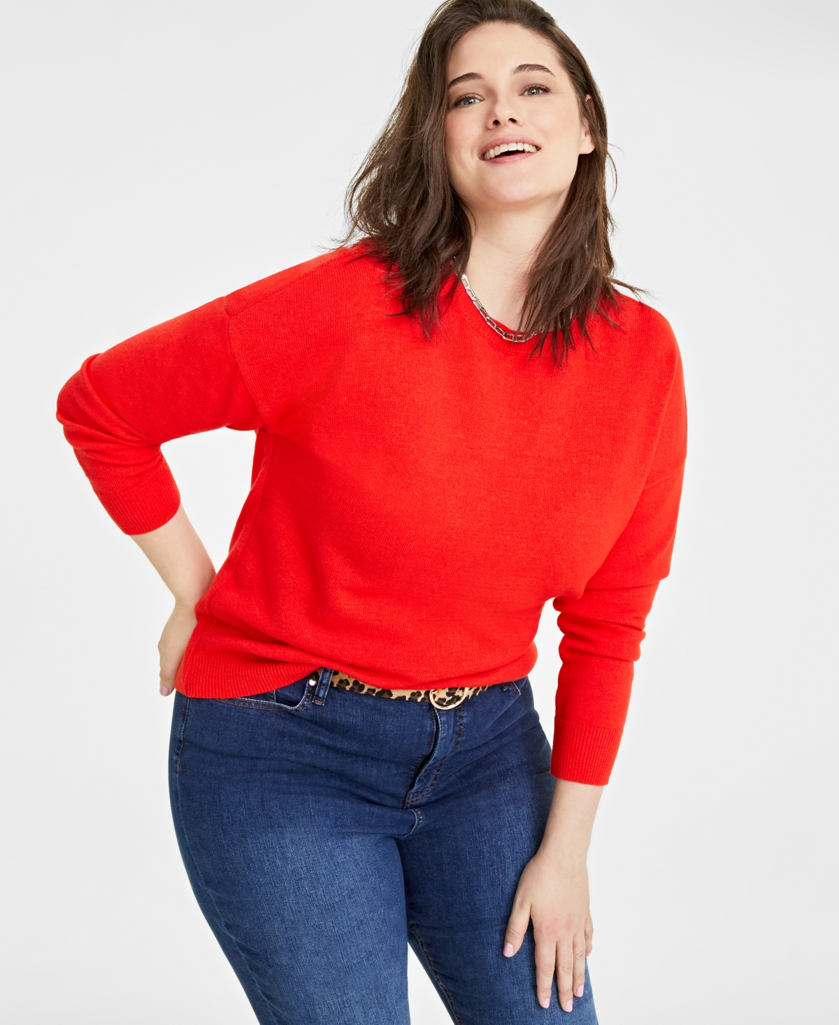 On 34th Plus Size Crewneck Sweater, Created For Macy's In Fiery Red