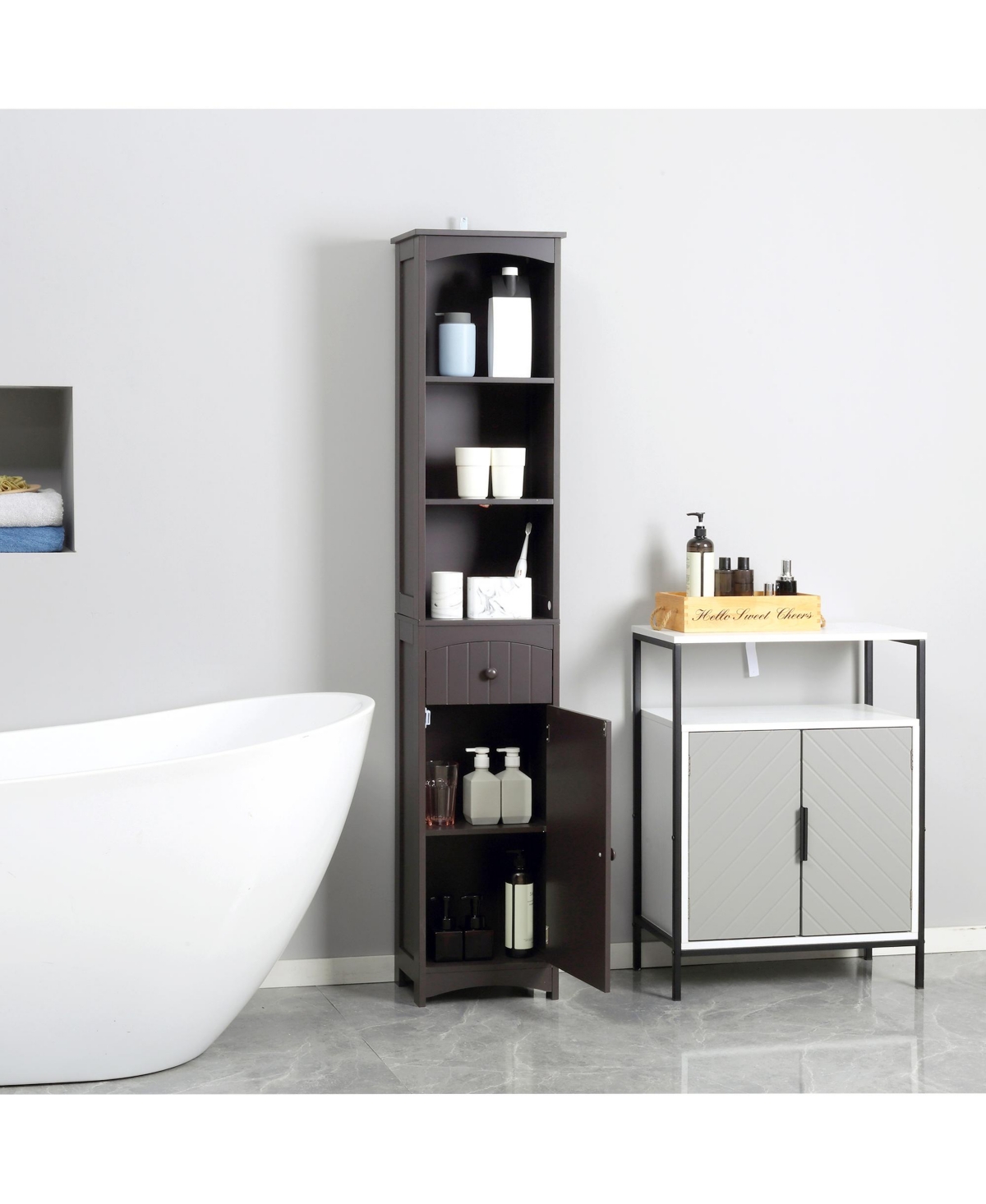 Homcom Bathroom Storage Cabinet Tall Free Sding Linen Tower w/ 3-Tier Shelf