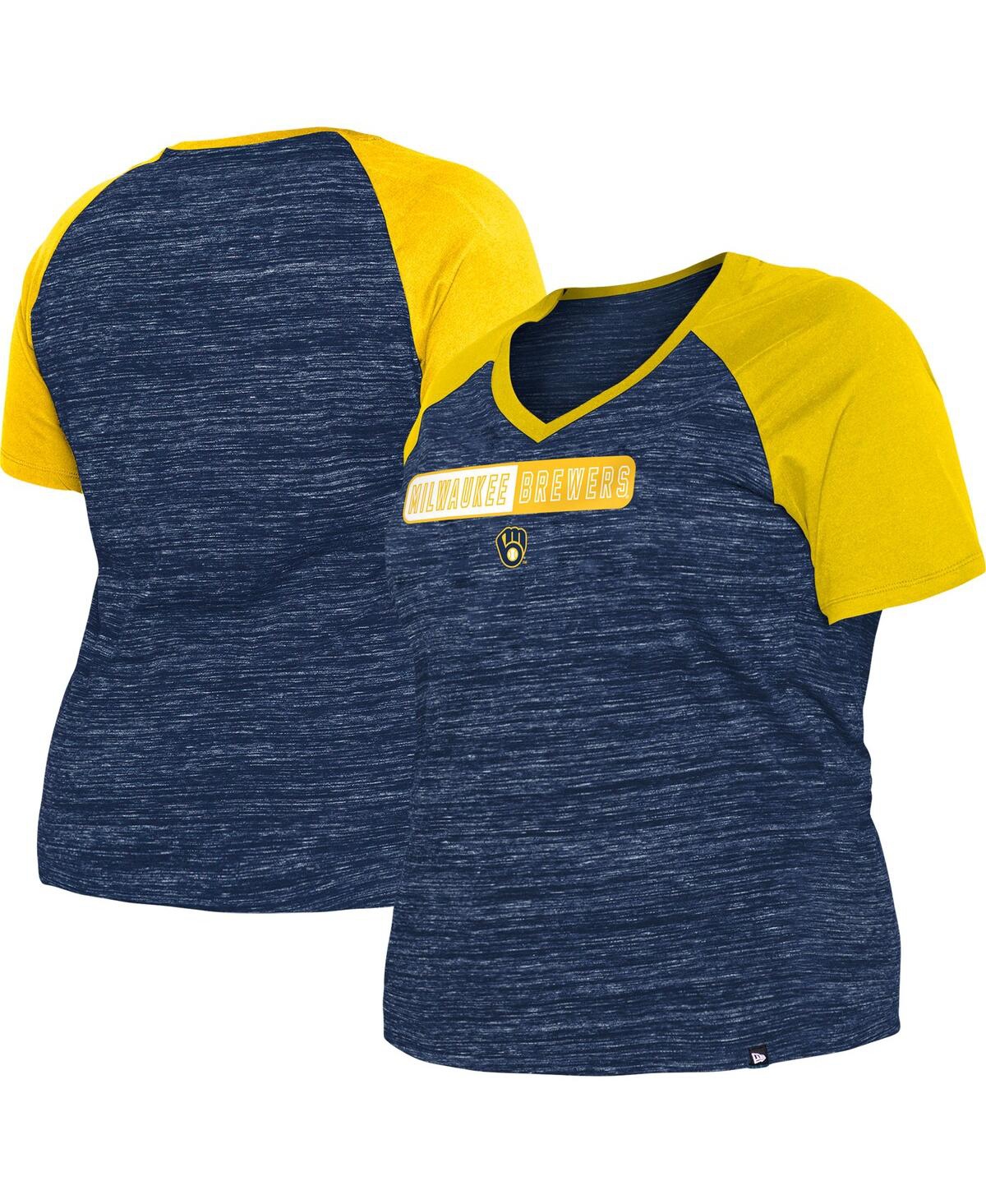 NEW ERA WOMEN'S NEW ERA NAVY MILWAUKEE BREWERS PLUS SIZE SPACE DYE RAGLAN V-NECK T-SHIRT 