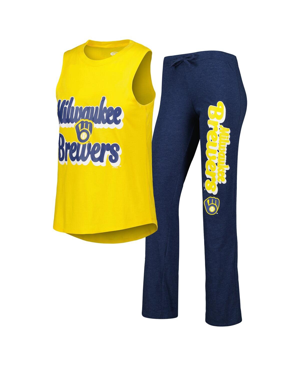 Shop Concepts Sport Women's  Navy, Gold Milwaukee Brewers Wordmark Meter Muscle Tank Top And Pants Sleep S In Navy,gold