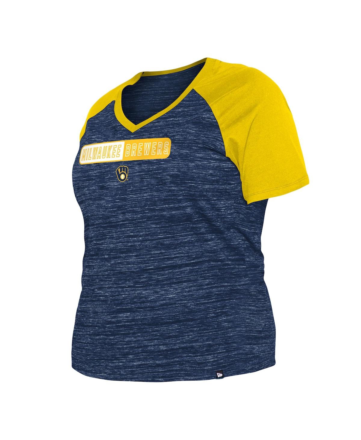 NEW ERA WOMEN'S NEW ERA NAVY MILWAUKEE BREWERS PLUS SIZE SPACE DYE RAGLAN V-NECK T-SHIRT 