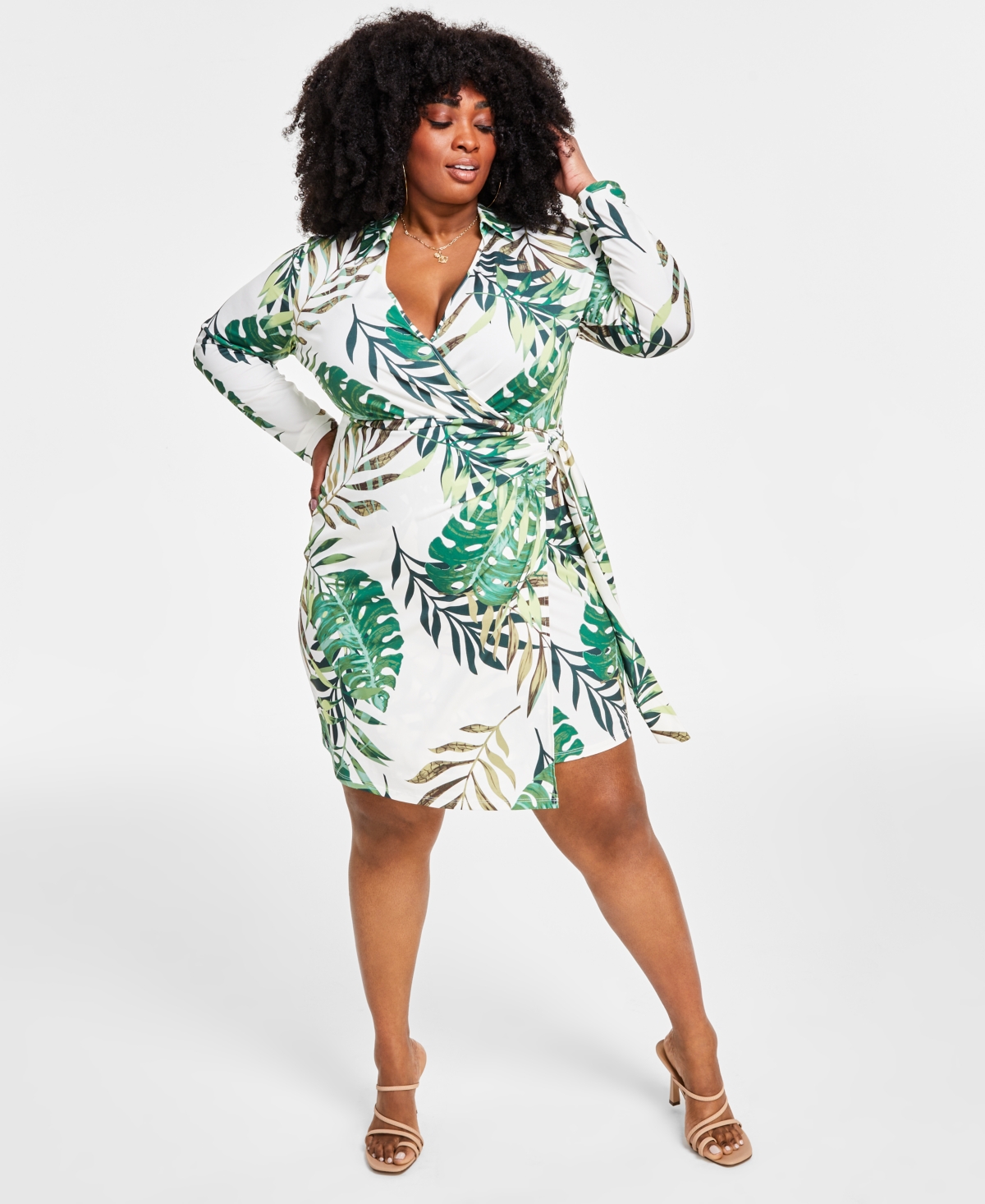 Nina Parker Trendy Plus Size Faux-wrap Dress In Palm Leaf