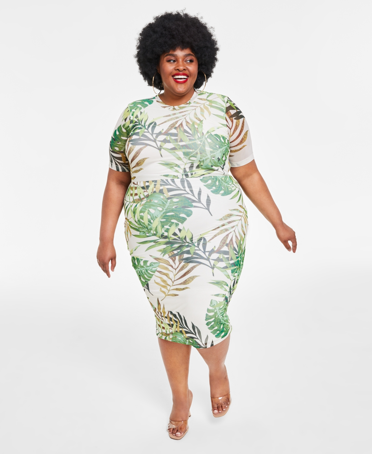 Nina Parker Trendy Plus Size Mesh Midi Dress, Created For Macy's In Palm Leaf