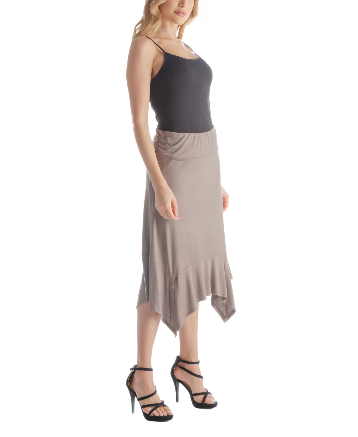 24seven Comfort Apparel Solid Color Knee Length Elastic Waist Handkerchief Skirt In White
