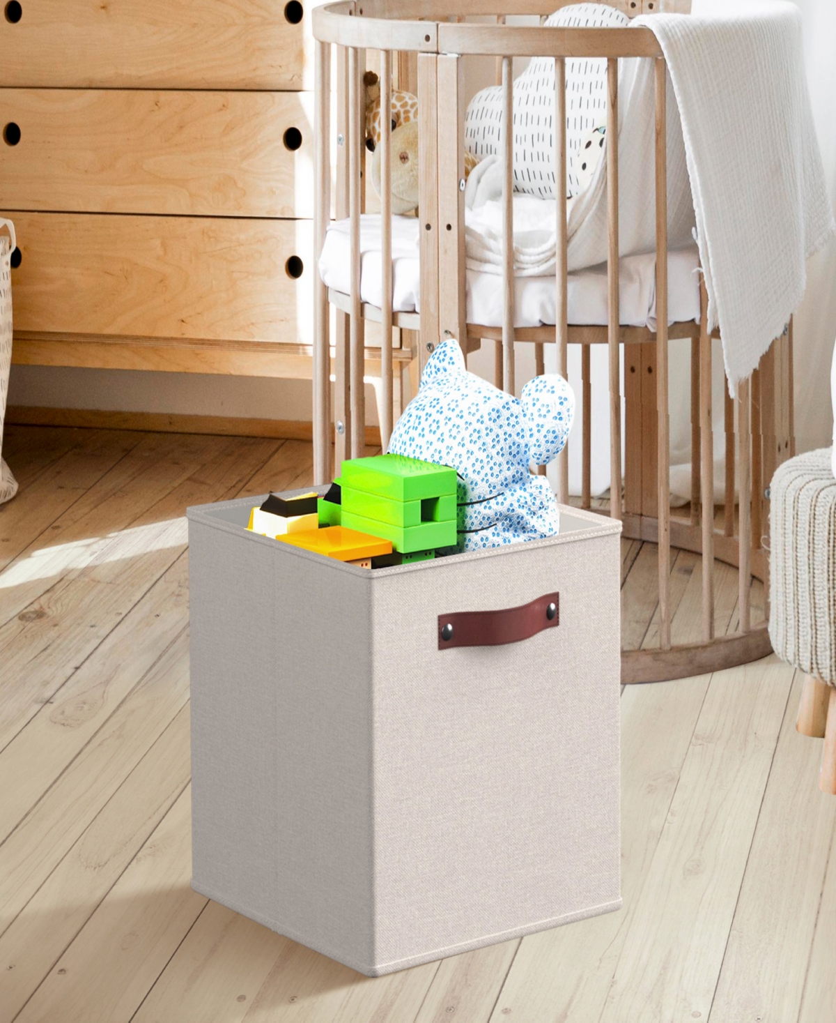 Foldable Linen Storage Cube Bin with Leather Handles - Set of 6