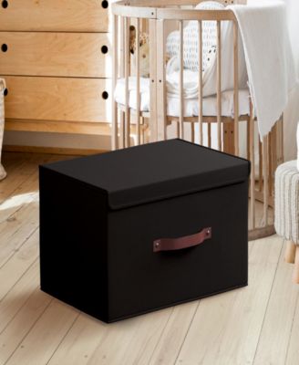 3 Pack Foldable Linen Storage Bin with Faux Leather Handles and Lid