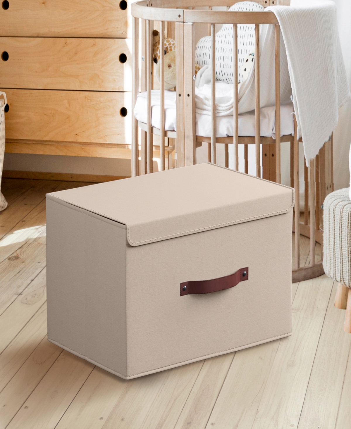 Foldable Linen XLarge Storage Bin with Leather Handles and Lid - Set of 3
