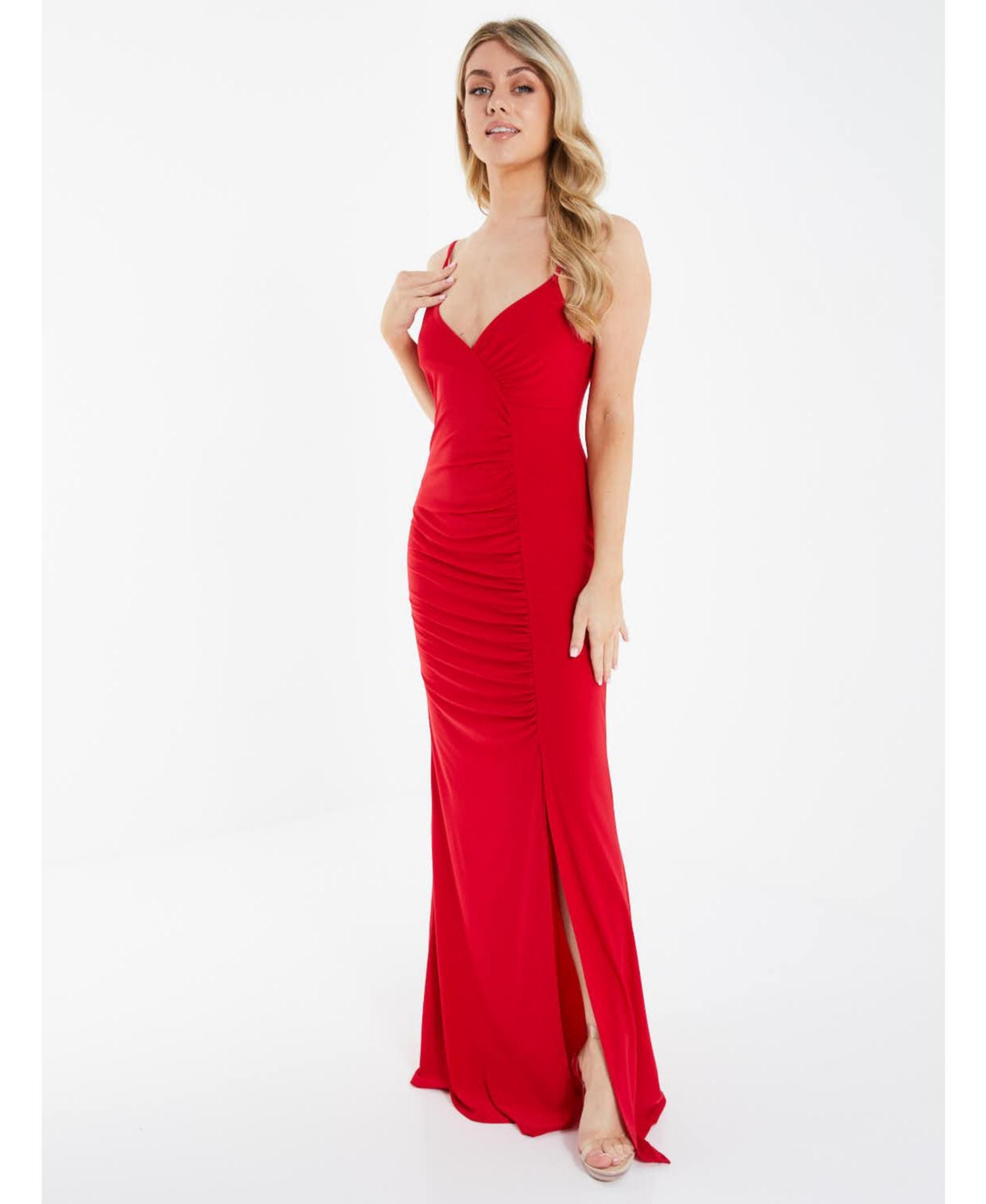 Quiz Scuba Crepe Ruched Front Strappy Maxi Dress In Red