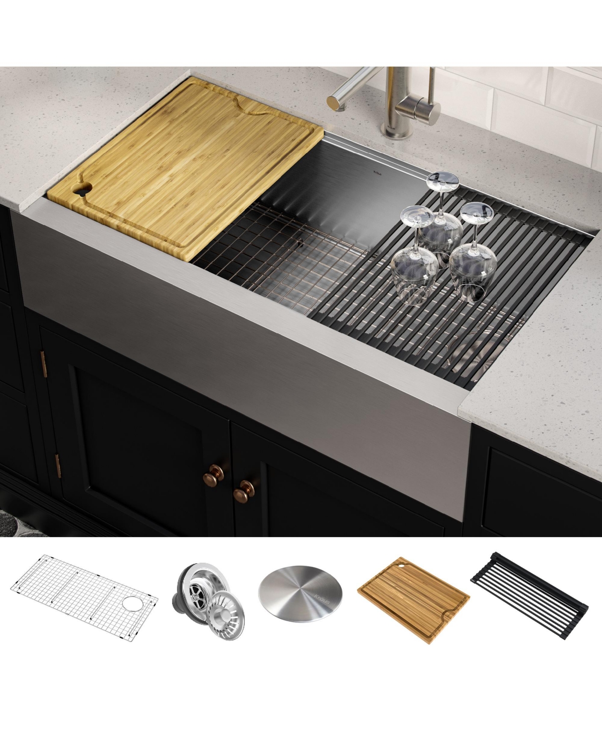 Kraus Kore 36 in. Workstation Farmhouse Flat Apron Front 16 Gauge Single BowlKitchen Sink with Accessories - Stainless steel
