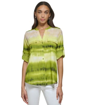 Calvin Klein - Women's Printed Roll-tab-Sleeve Blouse