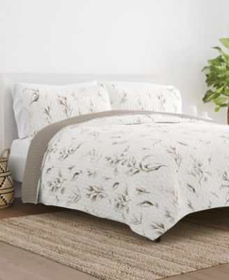 Ienjoy Home All Season Watercolor Leaves Stripe Reversible Quilt Set Collection In Latte