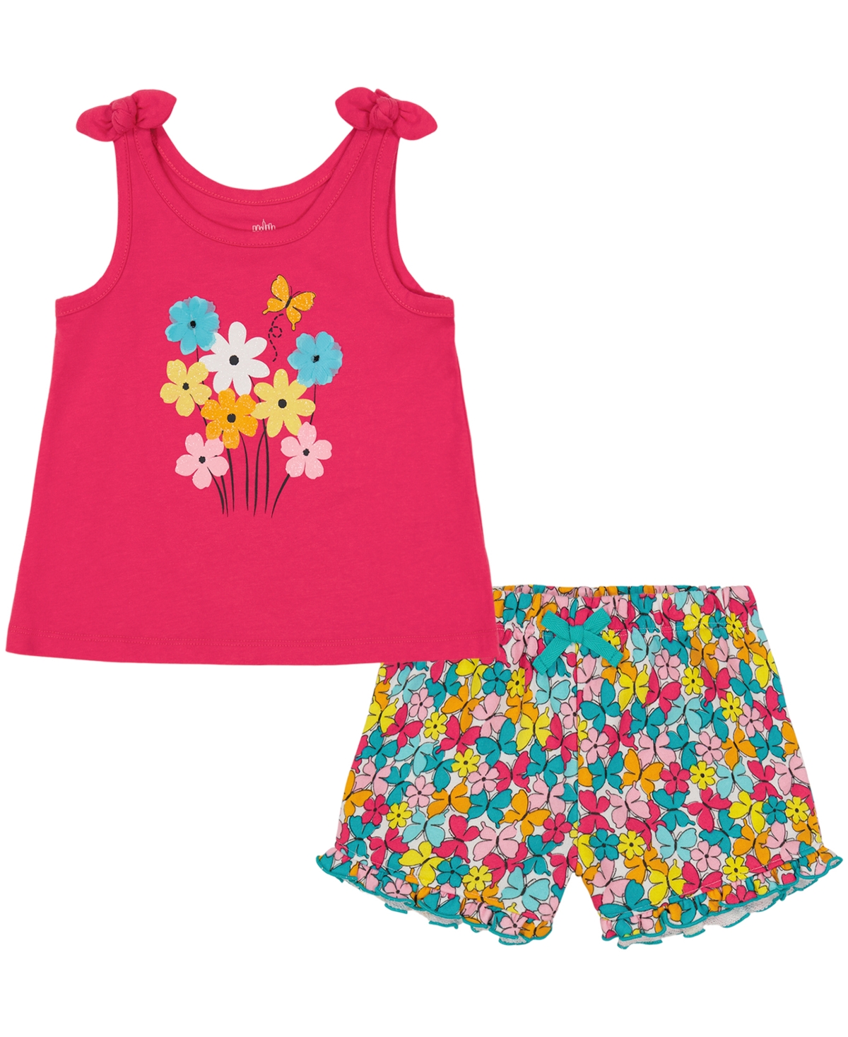 Kids Headquarters Toddler Girls Twist-tie Straps Top And Floral Ruffle Trim Terry Shorts Set, 2 Piece In Fushia Pink