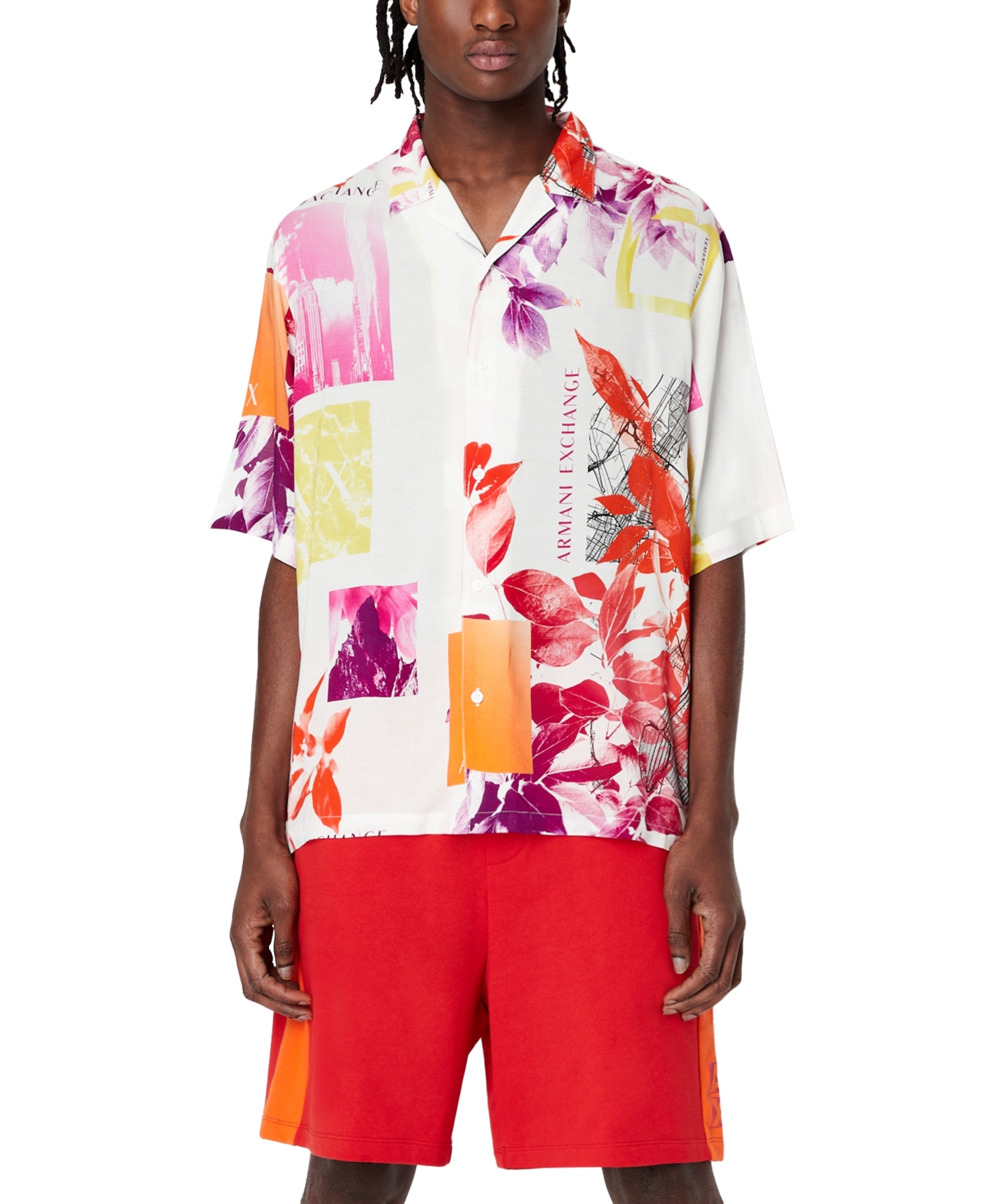 A X Armani Exchange Men's Boxy-fit Collage-print Button-down Camp Shirt In White Collage