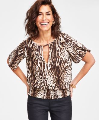 I.N.C. International Concepts - Women's Printed Smocked-Hem Blouse