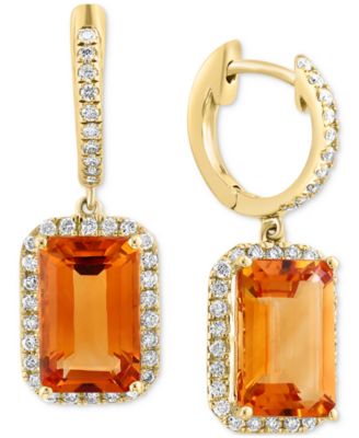 EFFY Collection - Citrine (5-7/8 ct. t.w.) & Diamond (1/2 ct. t.w.) Halo Dangle Hoop Drop Earrings in 14k Gold
