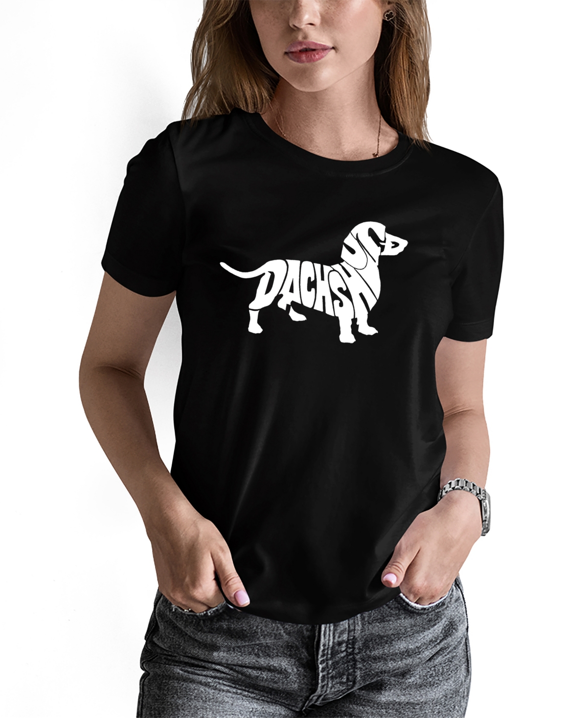 La Pop Art Women's Word Art Dachshund Short Sleeve T-shirt In Black