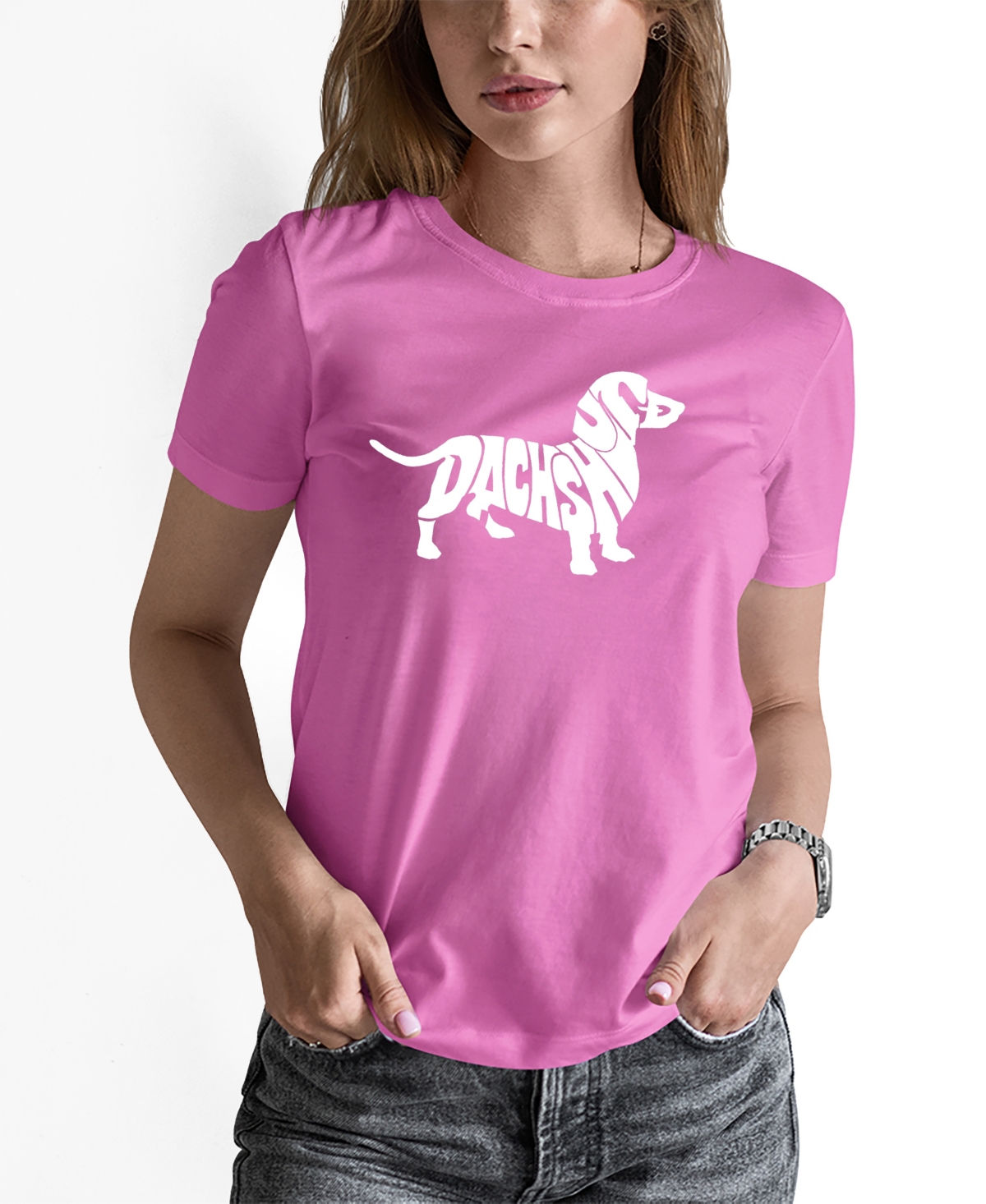La Pop Art Women's Word Art Dachshund Short Sleeve T-shirt In Pink