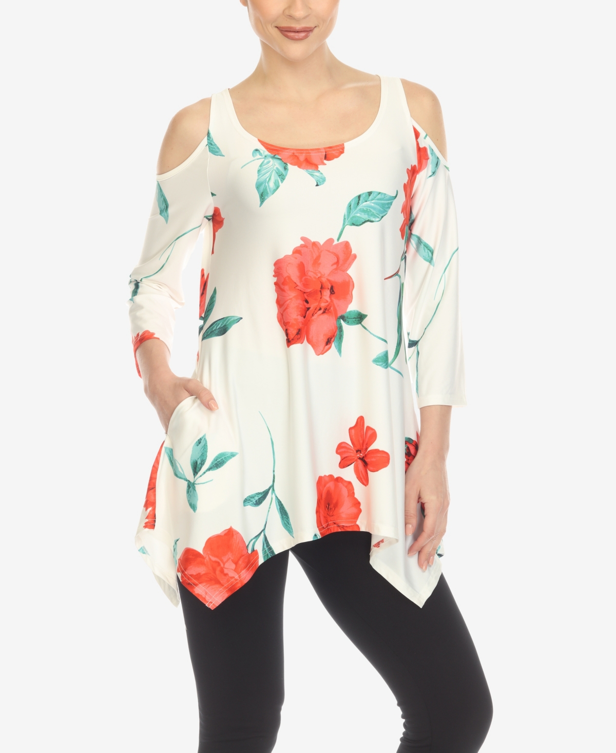 Mark Women's Floral Printed Cold Shoulder Tunic Top - White, Red