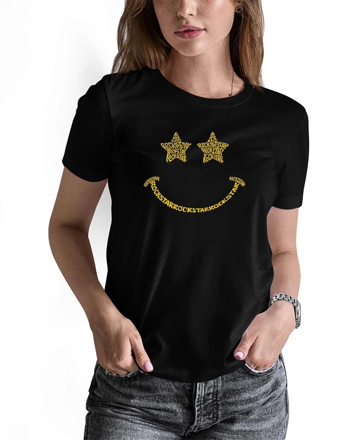 La Pop Art Women's Word Art Rockstar Smiley Short Sleeve T-shirt In Black