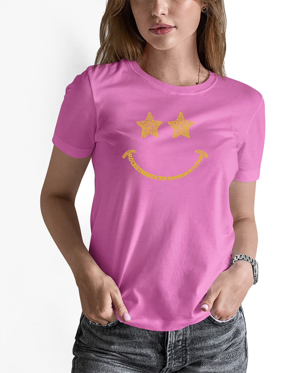 Shop La Pop Art Women's Word Art Rockstar Smiley Short Sleeve T-shirt In Pink