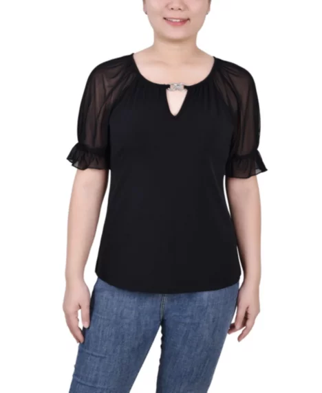Petite Short Ruffle Sleeve Rhinestones Top - Black