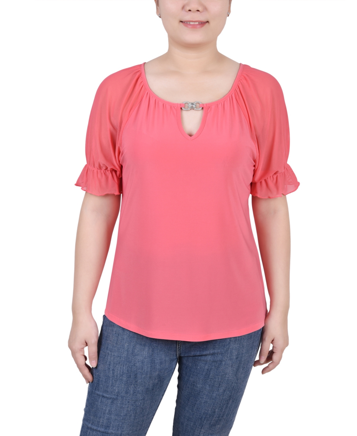 Ny Collection Petite Short Ruffle Sleeve Rhinestones Top In Calypso Coral