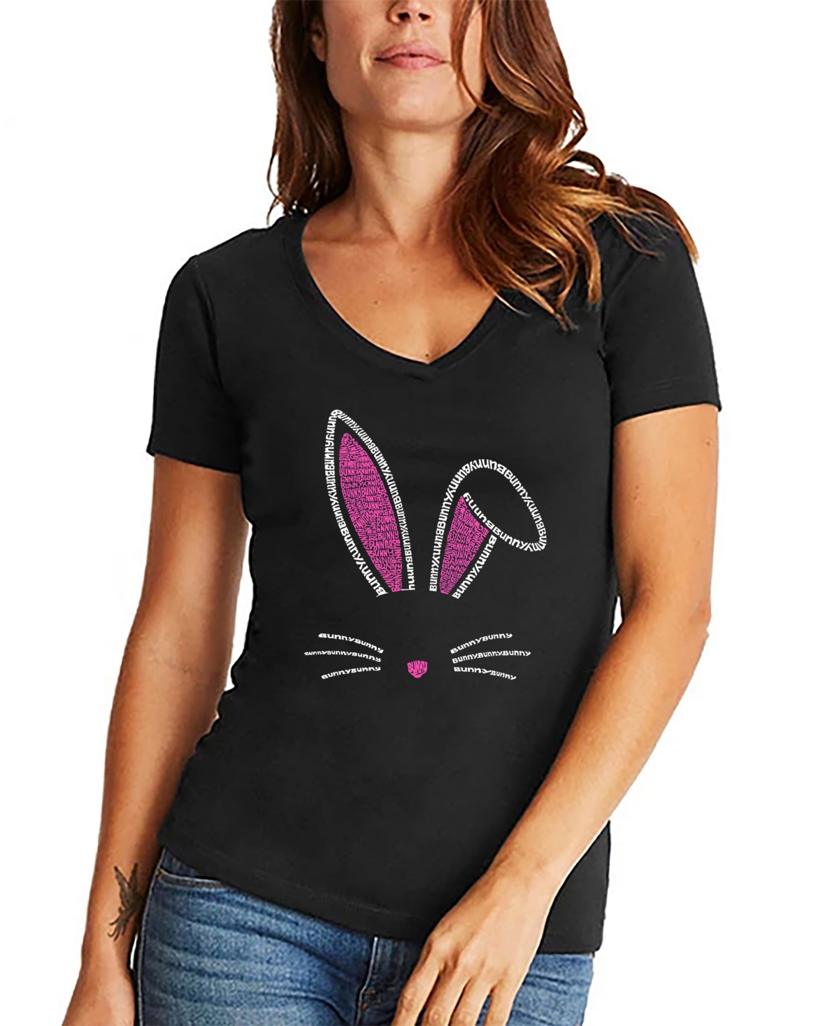 La Pop Art Women's Bunny Ears Word Art V-neck T-shirt In Black