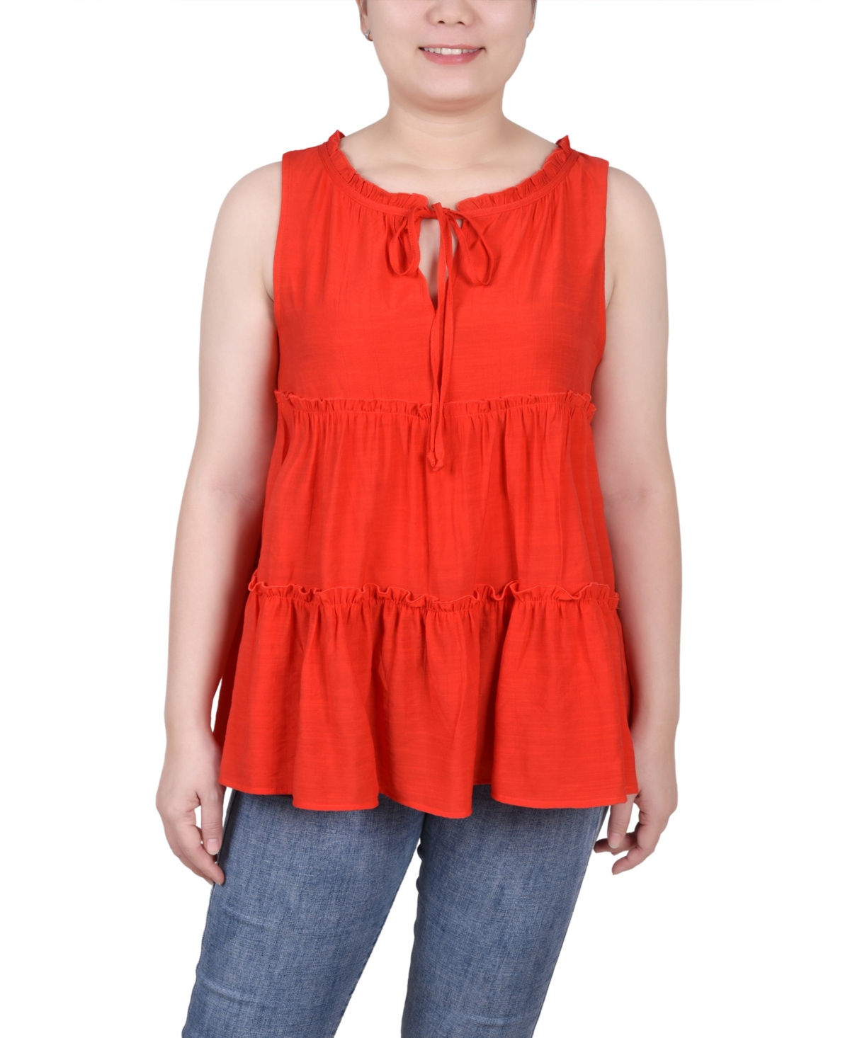 Ny Collection Petite Sleeveless Tiered Blouse In Fiery Red