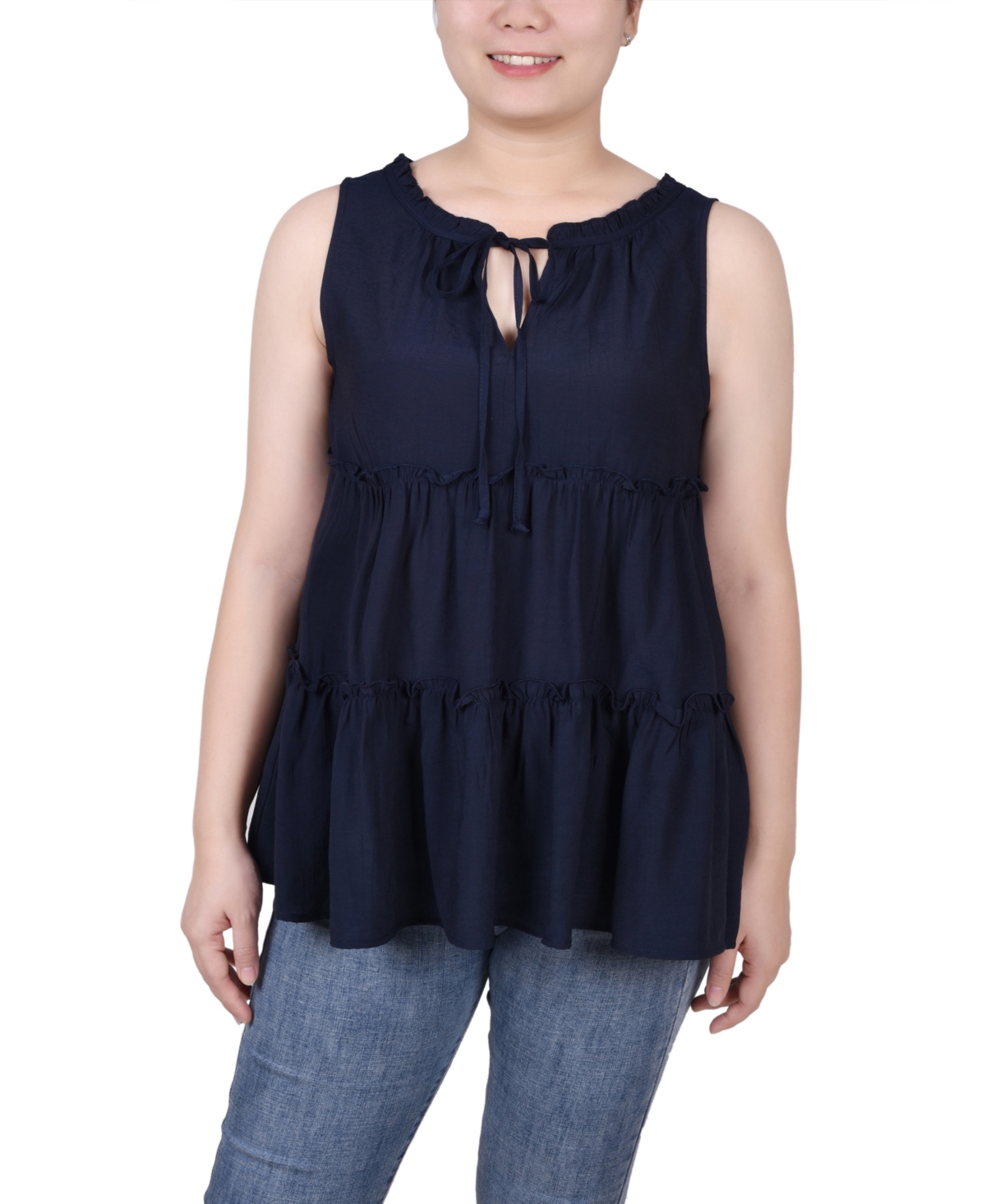 Ny Collection Petite Sleeveless Tiered Blouse In Navy