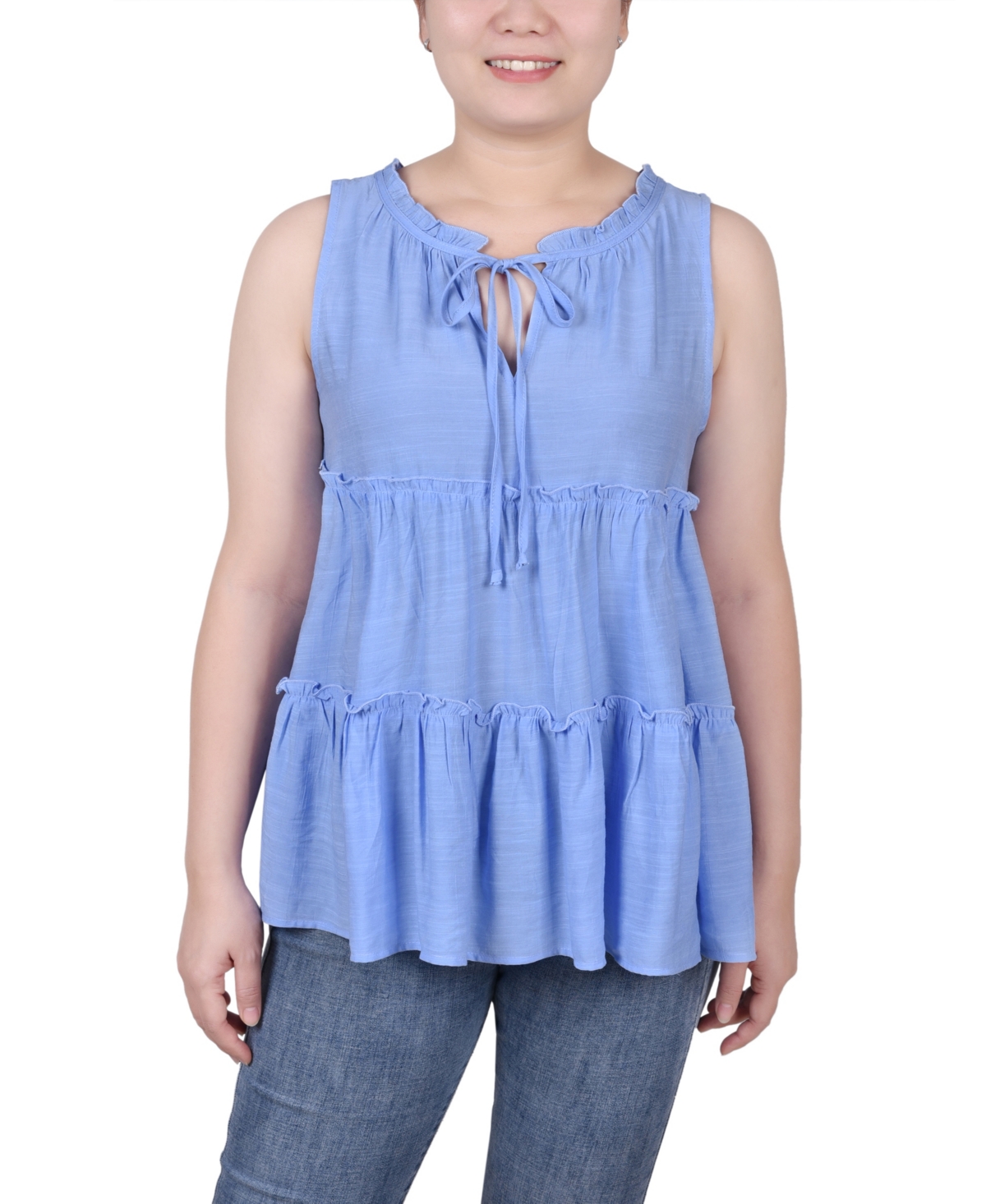 Ny Collection Petite Sleeveless Tiered Blouse In Serenity