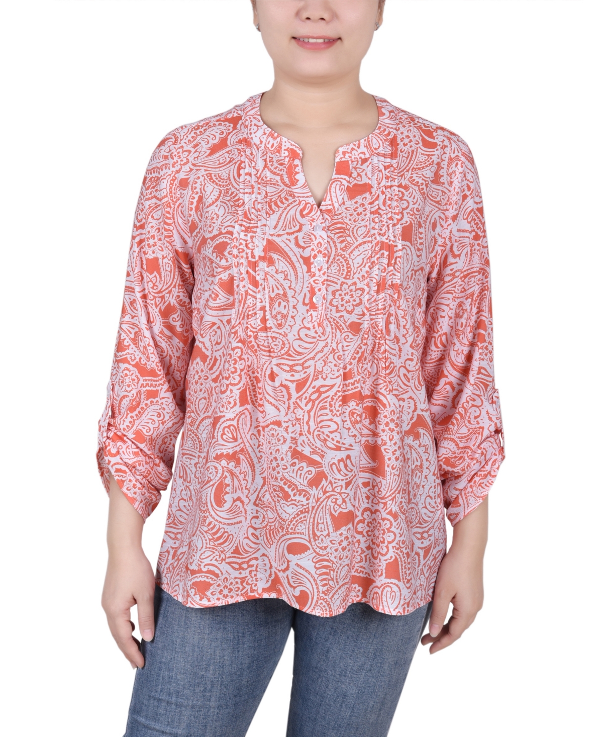 Ny Collection Petite Long Roll Tab Sleeve Pintuck Front Blouse In Coral Ink Paisley