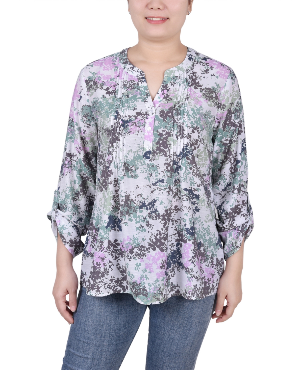 Ny Collection Petite Long Roll Tab Sleeve Pintuck Front Blouse In Tiedye Floral