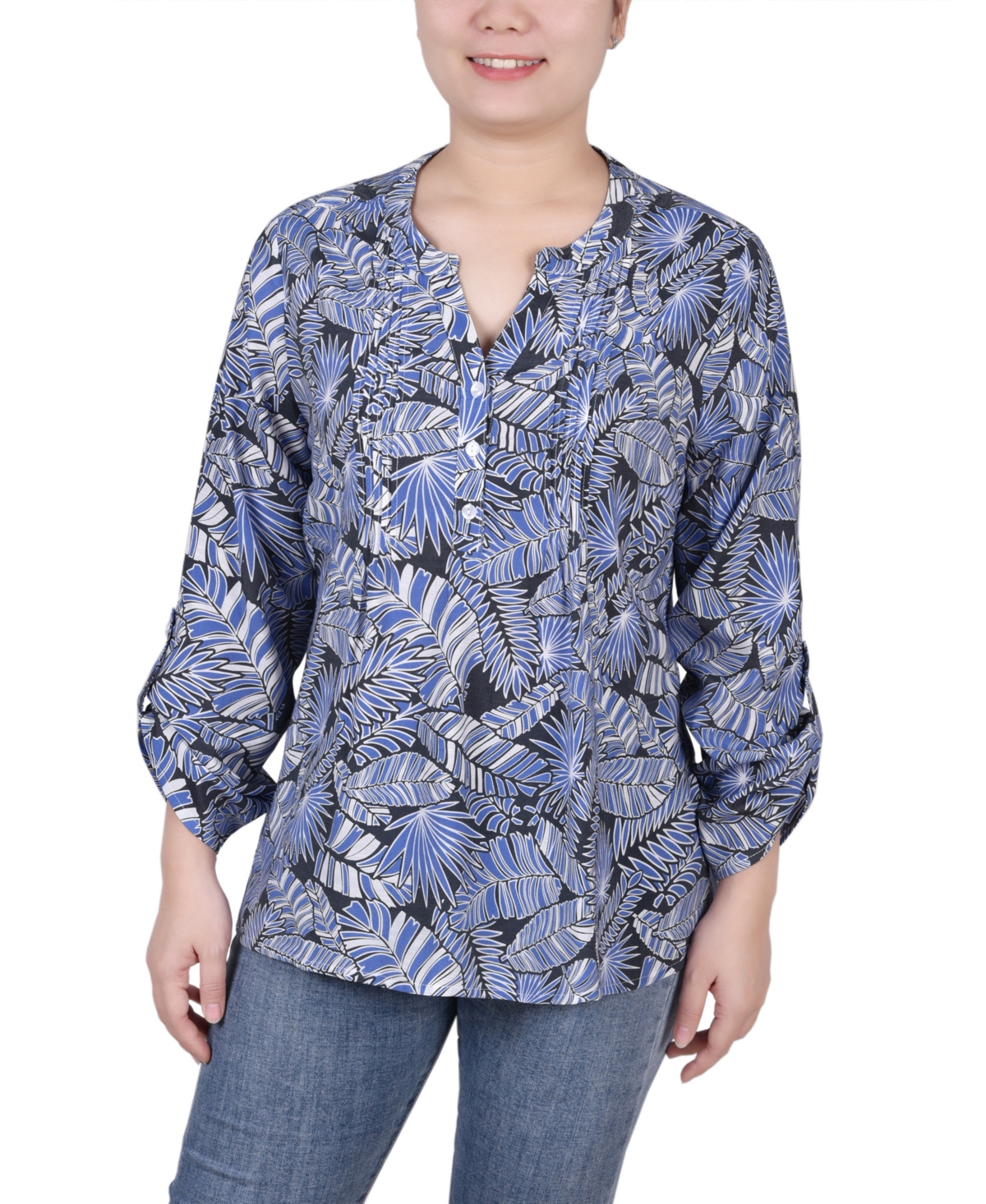 Ny Collection Petite Long Roll Tab Sleeve Pintuck Front Blouse In Royal Tropical Leaf