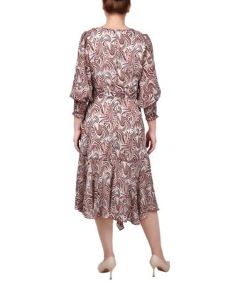 Petite 3/4 Sleeve Belted Chiffon Handkerchief Hem Dress