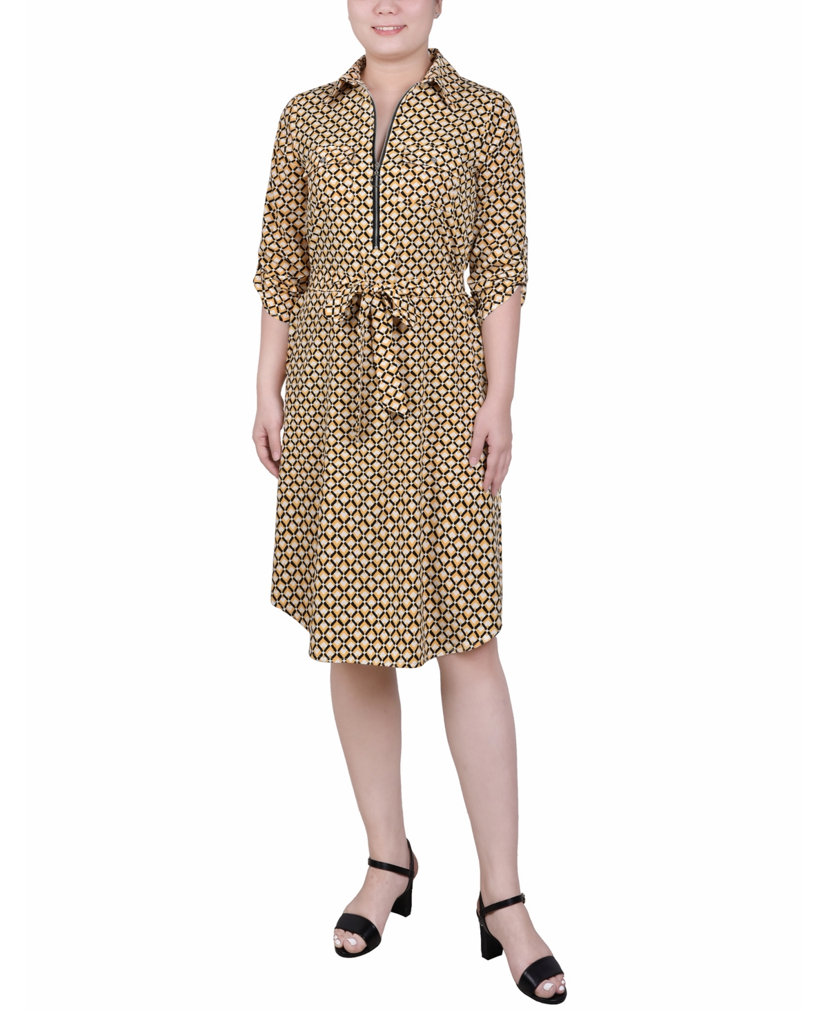 Ny Collection Petite 3/4 Roll Tab Zip Front Shirtdress In Yellow White Black Diamond