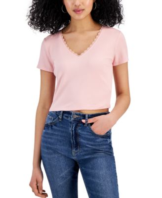 Self Esteem - Juniors' V-Neck Lace-Trim T-Shirt