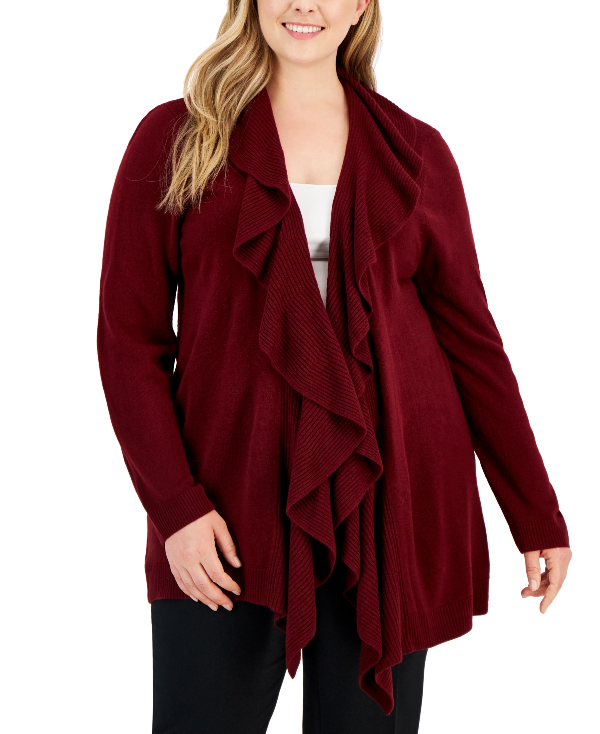 Karen Scott Plus Size Luxsoft Ruffled Cardigan Sweater Created for Macy s Raspberry Smart Closet