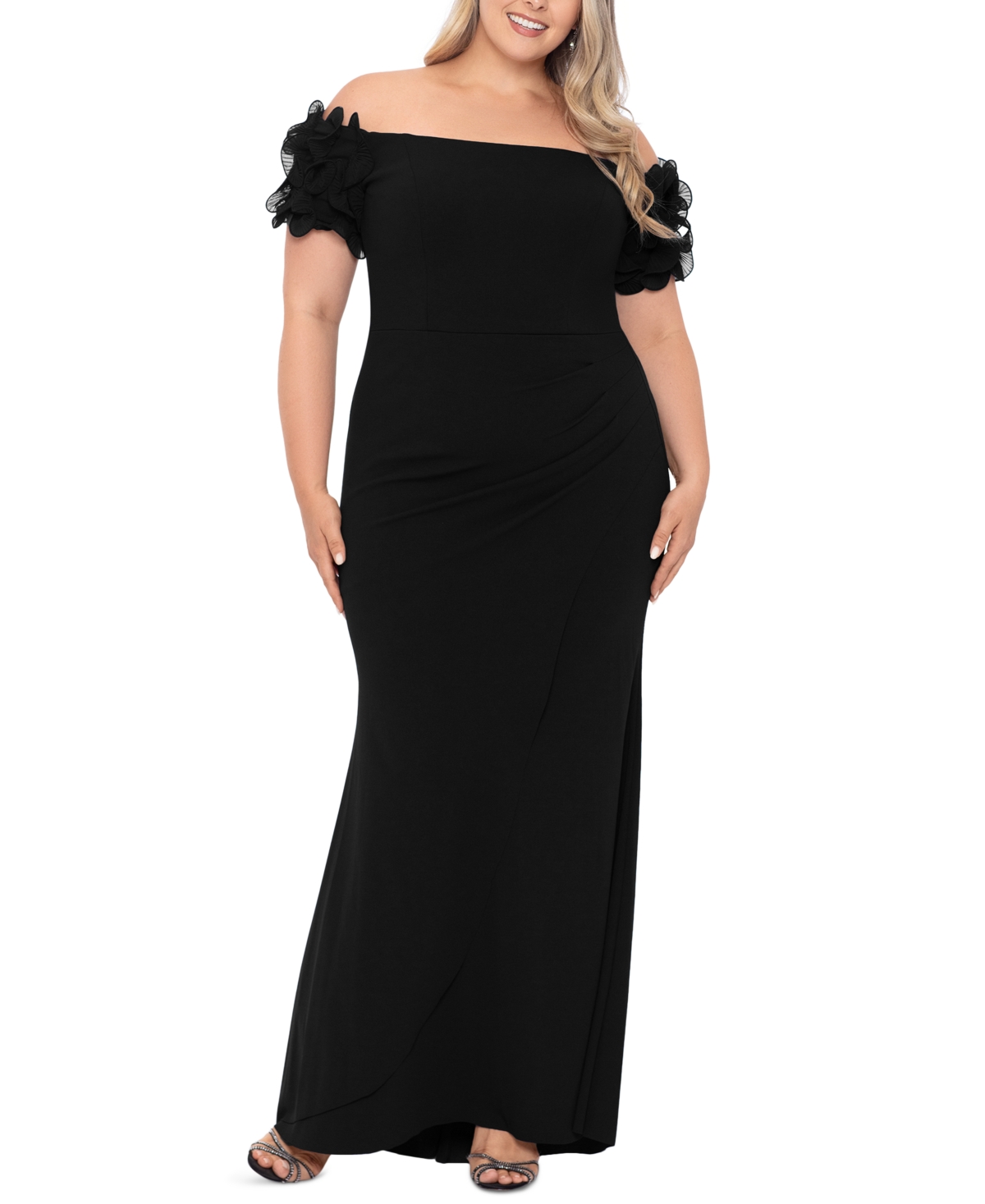 Xscape Plus Size Off-the-shoulder Scuba-crepe Gown In Black