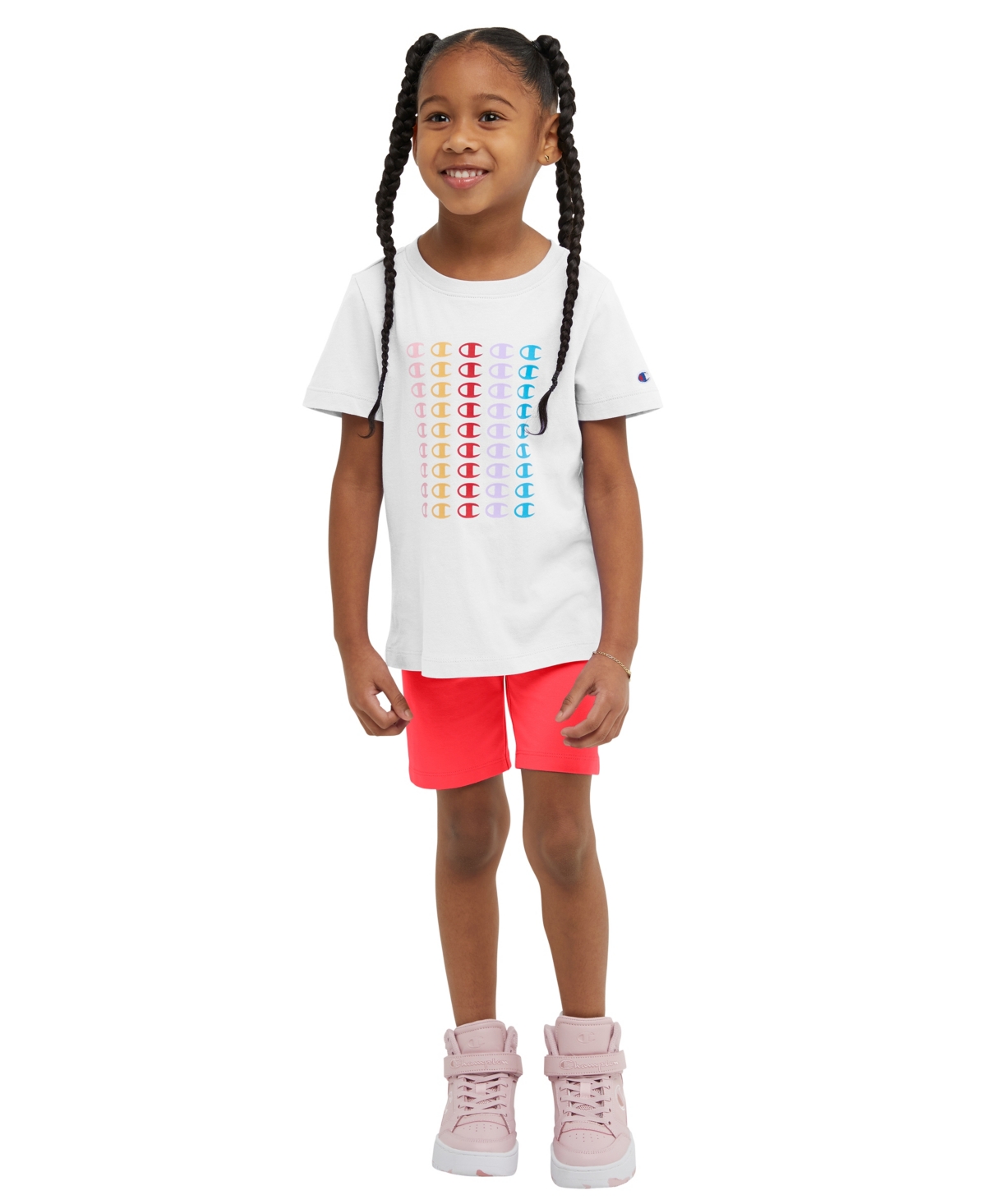 Champion Kids' Little Girls Short Sleeve T-shirt And Bike Shorts, 2 Piece Set In White/red Stone