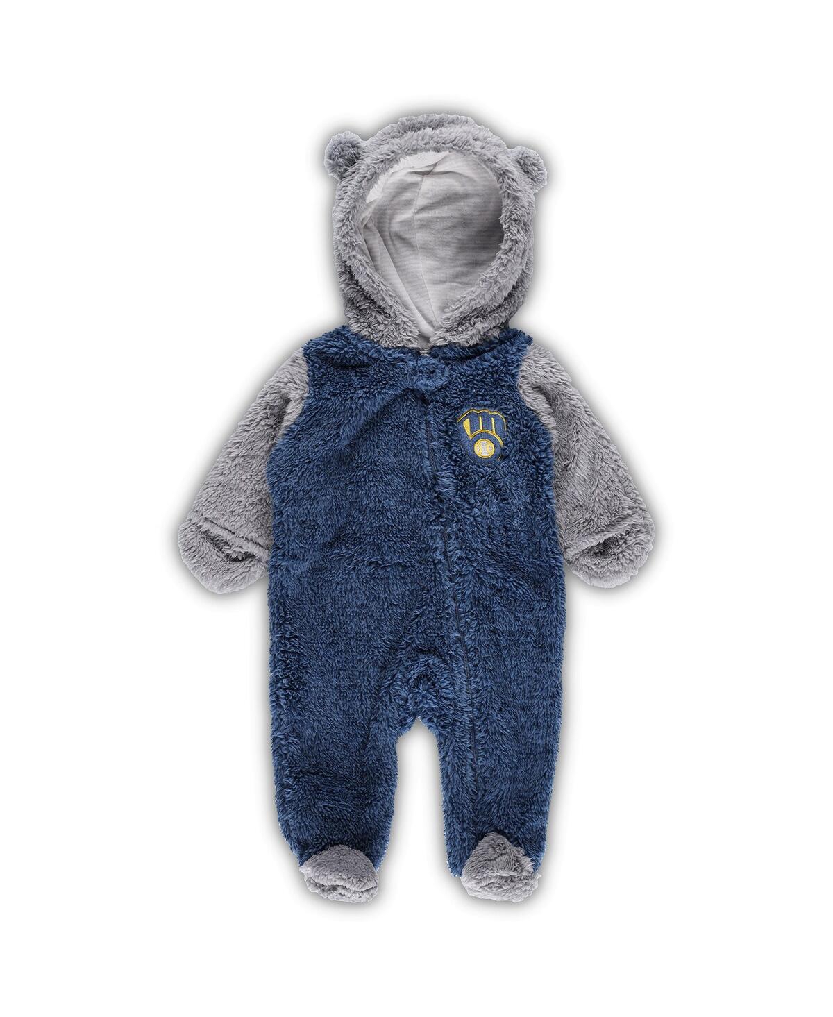 Shop Outerstuff Newborn And Infant Boys And Girls Navy, Gray Milwaukee Brewers Game Nap Teddy Fleece Bunting Full-zi In Navy,gray
