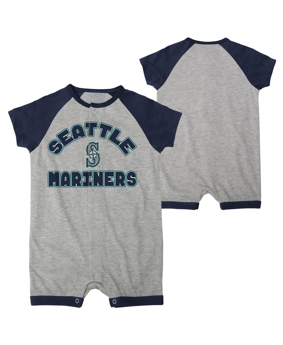 OUTERSTUFF INFANT BOYS AND GIRLS HEATHER GRAY SEATTLE MARINERS EXTRA BASE HIT RAGLAN FULL-SNAP ROMPER