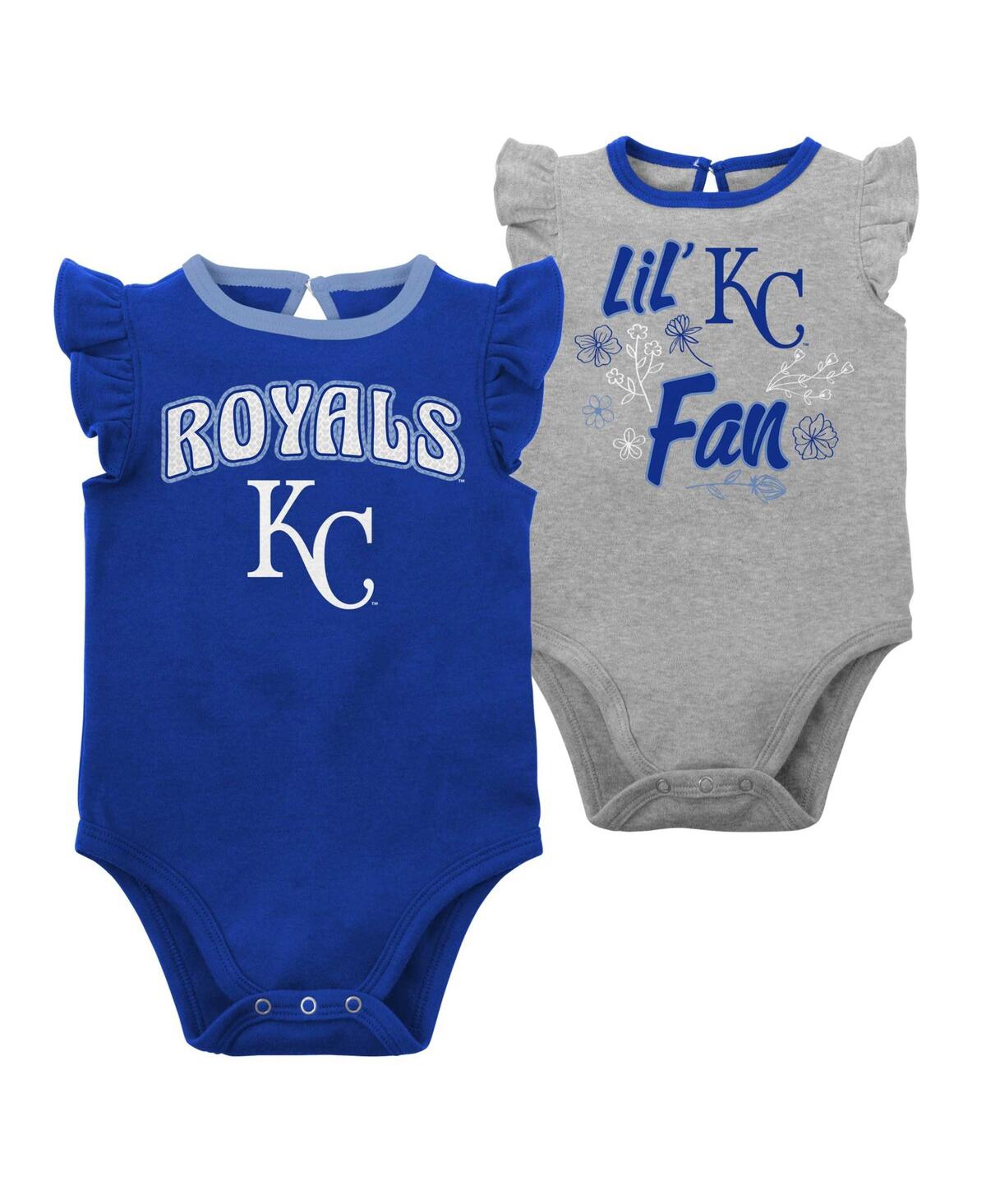 OUTERSTUFF NEWBORN AND INFANT BOYS AND GIRLS ROYAL, HEATHER GRAY KANSAS CITY ROYALS LITTLE FAN TWO-PACK BODYSUI