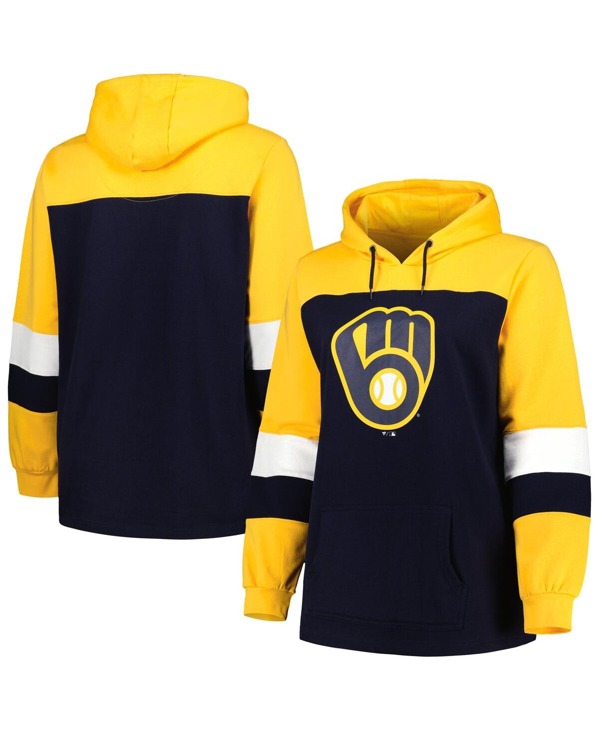 PROFILE WOMEN'S NAVY MILWAUKEE BREWERS PLUS SIZE COLORBLOCK PULLOVER HOODIE